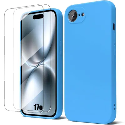Image de Coque + 2 Verres Trempés pour iPhone 17e, Silicone Liquide Slim Légère Souple Anti-Rayures - Bleu