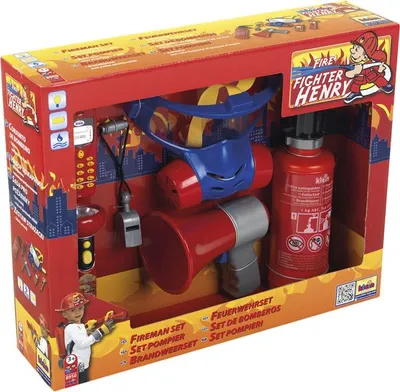 A toy fireman set in its retail packaging.