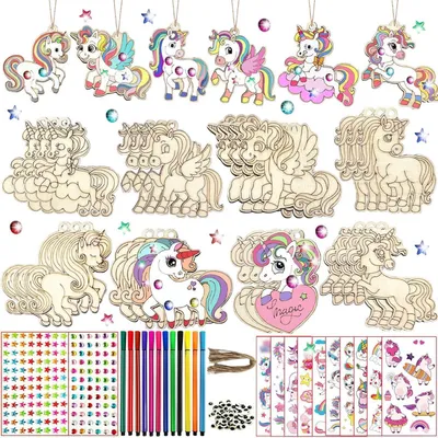 Image de Kit de construction en bois sur le thème des licornes, comprenant 284 pièces, idéal pour les enfants de 4 à 12 ans, avec 24 figurines de licornes en bois
