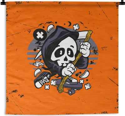 Produktbild von MuchoWow® Wandteppich Wandbehang Jahrgang - Skelett - Skateboard 150x150 cm Tapisserie Dekoration Wandtuch - Wohnaccessoires - Modernes