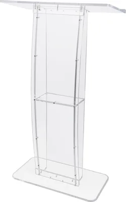 A clear acrylic podium on a white background.