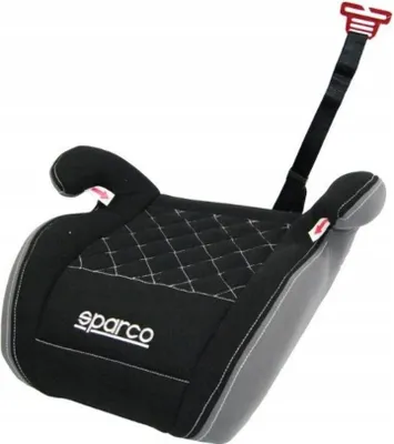 A black and gray child booster seat with a white Sparco logo.