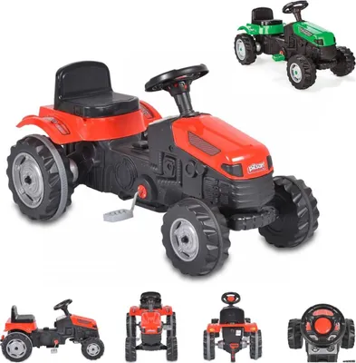 A collage of images showing a red pedal tractor and green pedal tractors from different angles, along with close-ups of its parts.