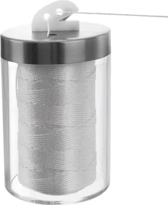 A spool of white kitchen twine in a clear plastic container with a silver lid and a white cutting mechanism.