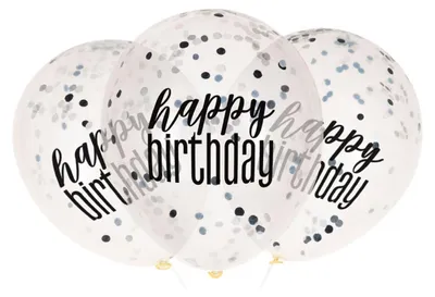 Produktbild von 6 Konfetti Luftballons schwarz & silber Happy Birthday