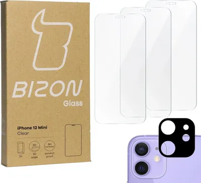 Produktbild von Bizon Glass Clear gehärtetes Glas - 3 Stück + Linse, iPhone 12 Mini