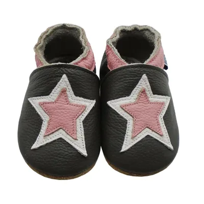 Produktbild von MEJALE® Baby Krabbelschuhe aus Echtleder, weiche Lauflernschuhe für Mädchen&Jungen, rutschfeste Ledersohle,Dunkelgrau,Sternmotiv,Größe L(12–18 Monate)