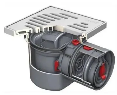 A cutaway diagram of a floor drain system.