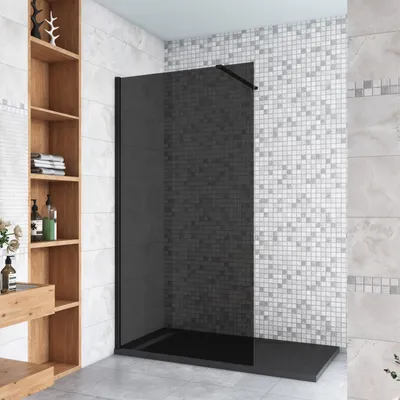 A modern bathroom with a walk-in shower.