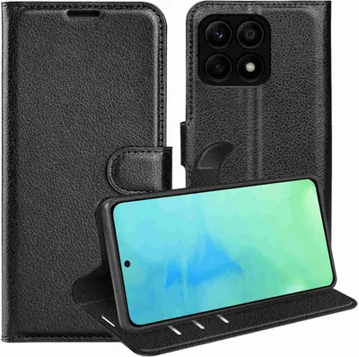 A black leather flip case for a smartphone is displayed open, with the phone inside.