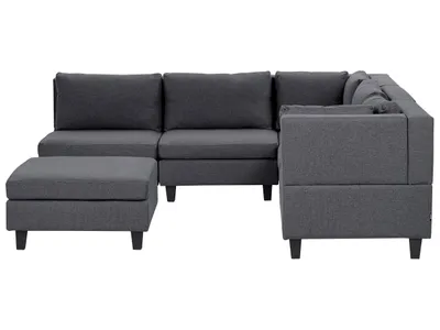Produktbild von BELIANI 5-Sitzer Ecksofa Linksseitig Dunkelgrau Stoffbezug mit Ottomane Kissen Schwarze Beine Modular Modern Modulsofa Wohnlandschaft Wohnzimmer