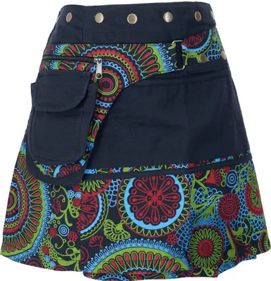 Produktbild von Wickelrock, Kurzer Rock, Cacheur, Boho Patchworkrock - Schwarz/grün, Damen, Baumwolle, Röcke