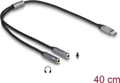 Produktbild von DeLOCK Headset Adapter USB Type-C Stecker DAC 24 Bit / 96 kHz Hi-Res zu 2 x 3,5 mm 3 Pin Klinkenbuchse, Kabel, Anthrazit, Schwarz