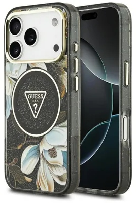 Immagine prodotto di Custodia per iPhone 18 Pro / 17 Pro, Guess, con motivo IML glitter "Fiori a triangolo", colore nero, compatibile con MagSafe