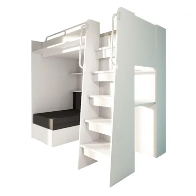 Produktbild von Marlux-Meble Hochbett JSM-7 90x200 TREPPE RECHTS mit Schreibtisch Schränke und Ausklappbares Sofa 70x180 Matt Funktionsbett Etagenbett Stockbett Kinderhochbett Jugendhochbett (Weiß Matt)