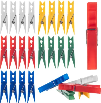 A collection of colorful clothespins arranged in rows and a single large red clothespin on the right.