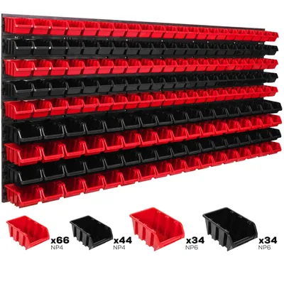 A wall-mounted storage system with multiple red and black bins, shown with individual bins at the bottom.