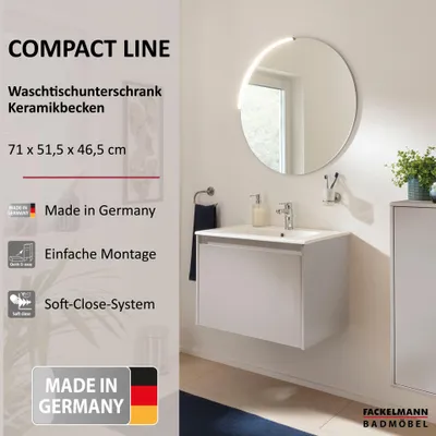 Produktbild von FACKELMANN COMPACT LINE Waschbecken mit Unterschrank 71 cm, Grau, Keramik Weiß, 1 Schublade Eleganz und Funktionalität für Dein Bad
