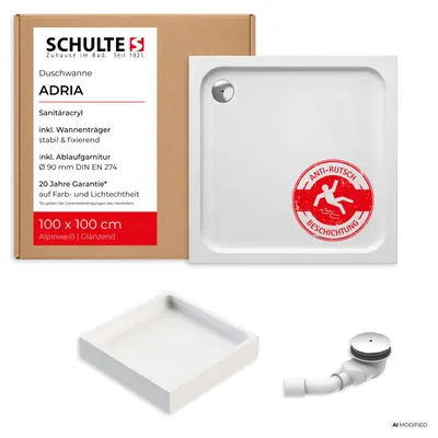 Immagine prodotto di Piatto doccia Schulte Adria 100x100 cm, con rivestimento antiscivolo, acrilico sanitario bianco, set con supporto per piatto doccia + scarico