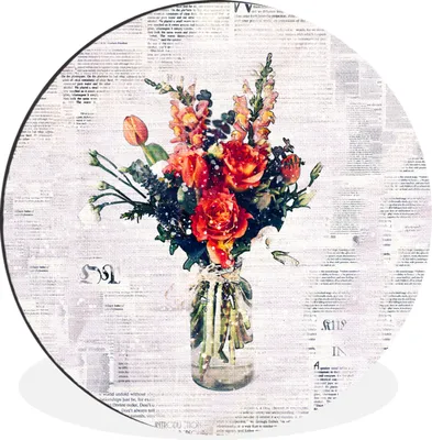 Produktbild von MuchoWow® Aluminium Wandkreis Vase - Blumen - Zeitungspapier Ø 60 cm Wanddeko Modern Wohnzimmer - Wand Kreis - Wandbild - Schlafzimmer - Aluminium Bild - Kinderzimmer - Wohnzimmer Dekoration - Wandschmuck