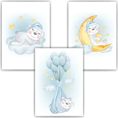 Produktbild von 3er Set Poster Bär Bilder für Kinderzimmer Babyzimmer Deko Kinderposter Babyparty – DIN A4 (21x29.7cm)