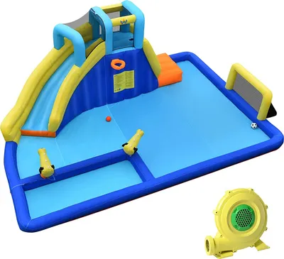 Produktbild von 6 in 1 Hüpfburg Aufblasbar, Wasserpark mit Rutsche & Kletterwand & Spielpool & Wasserpistole & Fußballtor, Wasserrutsche Outdoor für Kinder 3-12 Jahre, 526 x 373 x 205 cm (mit Gebläse)