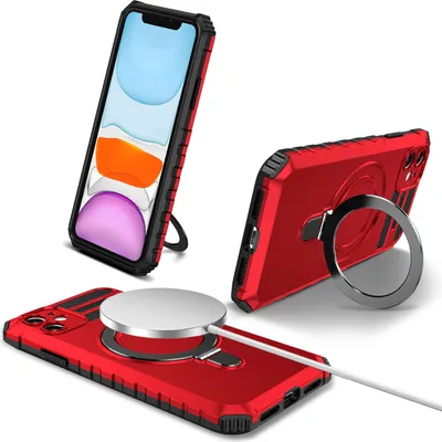 Immagine prodotto di Custodia per iPhone 11 magnetica con MagSafe, supporto per anello, supporto, custodia protettiva a doppio strato rossa