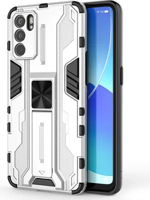 Produktbild von OPPO Reno 6 Hülle, Dual Layer PC TPU Bumper Stoßfest Ständer Schutzhülle für OPPO Reno 6 Silber