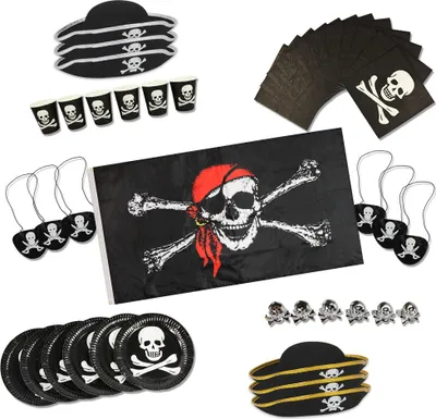 Productafbeelding van com-four® Partygerei- en accessoire set bestaande uit 43 delen - Decoratie en servies - Geschikt voor piratenfeest, kinderfeestje en Halloween [Assortiment kan variëren]