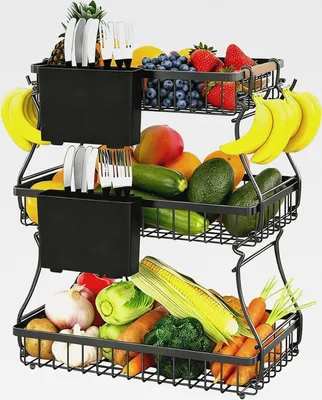 Produktbild von 3 Stöckige Obstkorb mit 2 Bananenhalter und 2 Messerhalter, Großer Obst Etagere aus Metall zur Gemüse, Snackbrot, Obst Aufbewahrung (Schwarz)