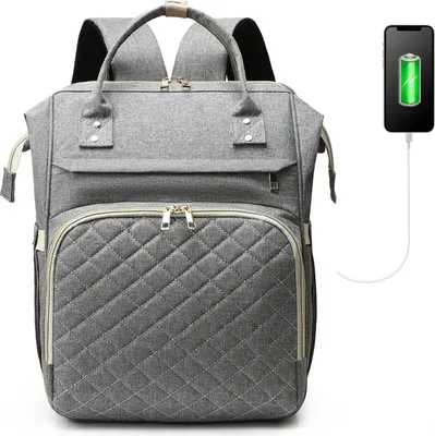 Produktbild von Wickeltasche Rucksack, Großer Baby Wickelrucksack mit Multifunktions-Babytaschen, USB-Ladeanschluss, Kinderwagengurte, 3 Thermotaschen für Babyflaschen (Hellgrau)