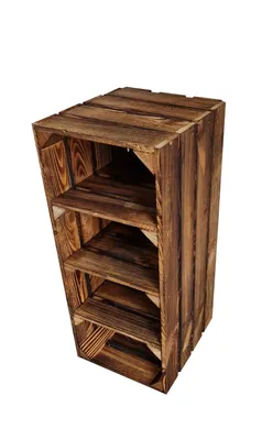 A rustic wooden shelf unit with four compartments, displayed on a white background.