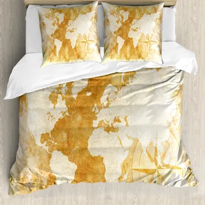 Produktbild von ABAKUHAUS Kompass Bettbezug Set, Altmodisches Weltkarten Design Kompass In Den Retro Beunruhigten Farbkontinenten, 155 x 220 cm + 80 x 80 cm, Creme Tan