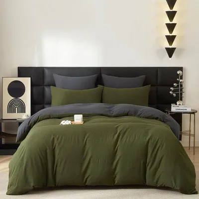 Produktbild von Famanu Bettwäsche Set 220 x 240 cm, 3-teilig, atmungsaktiv und weich, wendbar mit Reißverschluss, olivgrün und grau