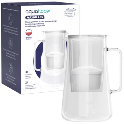 Obrázek produktu pro AquaFloow MaxiGlass skleněná konvice s filtrem na vodu, 3 l, bílá + 1 filtr na pitnou vodu, odstraňuje vápník a chlor