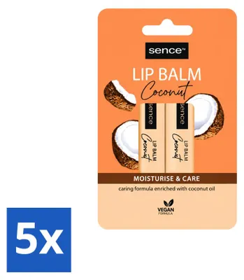 Imagen del producto de 5 bálsamos labiales Sence, hidratantes y nutritivos, sabor coco, 4,3 g cada uno, pack de 5 unidades