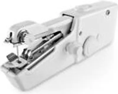 A white, portable, electric mini sewing machine is shown against a white background.