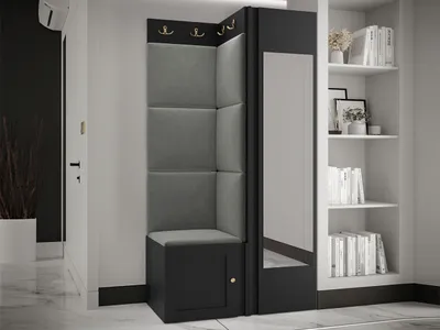 Produktbild von MIRJAN24 Garderoben-Set Orion Ramiro XXVI, Kleiderschrank, Schuhschrank, Kleiderhakenbrett, 7x Paneel 42x42, Spiegel, 6 Kleiderhaken, Metallgriffe (Farbe: Schwarz, Manila 16)