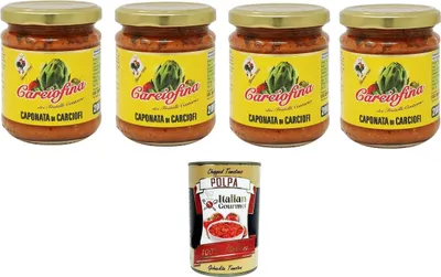Produktbild von Fratelli Contorno Carciofina, Caponata di Carciofi Artischocken-Caponata 4x200gr + Italian Gourmet polpa 400g