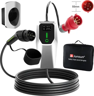 JUNSUN Typ 2 Ladekabel CEE16A-Stecker 11kW[3-phasig, 5m, 6-16A], EV Ladegerät mit Steuerbarer Digitalanzeige für Elektroauto