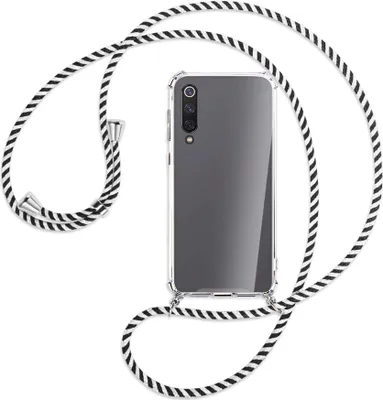 Produktbild von Handykette Backcover-Schutzhülle mit Band (Metall silberfarben) für Xiaomi Mi 9 SE - schwarz/weiß gestreift