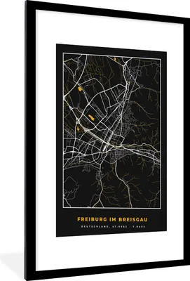 Produktbild von MuchoWow® Gerahmtes Poster Deutschland - Freiburg Im Breisgau - Gold - Stadtplan - Karte 60x90 cm - Poster mit Schwarzem Bilderrahmen Wandposter Rahmen Foto Bilder - Dekoration - Wandposter Wohnzimmer - Hochwertig