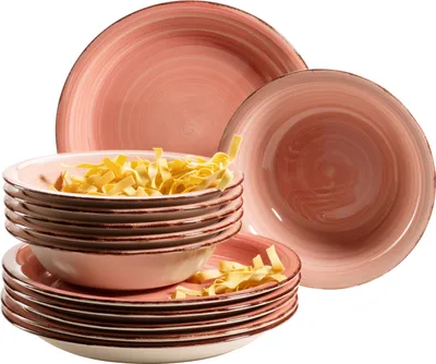 Obrázek produktu pro Mäser 931495 Sada talířů Lumaca pro 6 osob v moderním vintage vzhledu, jídelní servis, ručně malovaná, kamenina, růžová, 12 kusů (1 sada)