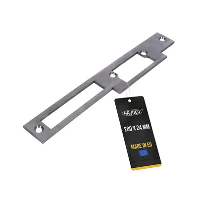 Produktbild von NAJDER Schließblech einfach universal mit Schieber, lang, Edelstahl, für BRIMA-Türöffner, 200x24mm, für symmetrische Türöffner, Perfekt für den Einsatz mit Aluminium-, Stahl- oder PVC-Profilen