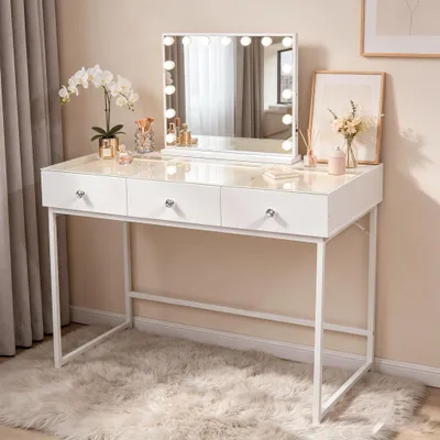 Image de Coiffeuse VANITII avec miroir 15 ampoules LED, luminosité réglable, avec 3 tiroirs