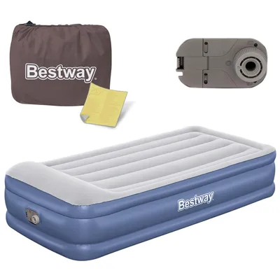 A collection of items for an inflatable mattress set, including the mattress itself, a storage bag, a pump, and a yellow instruction sheet.