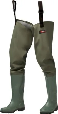 A pair of olive green waders with suspenders, presented against a white background.