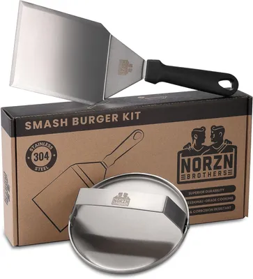 Productafbeelding van Burger set 15 cm, burgerpers en spatel, 304 RVS, voor barbecue