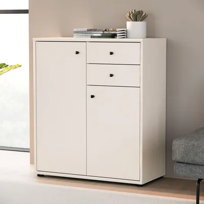 Produktbild von Forte TEMPRA 2 Kommode 70 80, moderne Kommode mit 2 Schubladen, 2-türig, Schlafzimmer, Wohnzimmer, Büro, Holzwerkstoff, Kaschmir|Beige, 73,7 cm breit x 85,5 cm hoch x 34,8 cm tief