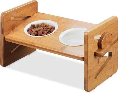 Produktbild von Famanu erhöhte Hundenapfstation - 2 Schalen - 250 ml - Bambus und Keramik - Natur/Weiß